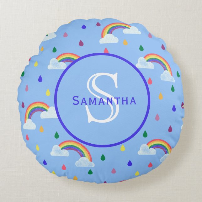 Regnbåge i Himlar Droppar Personlig Monogram Rund Kudde (Framsidan)