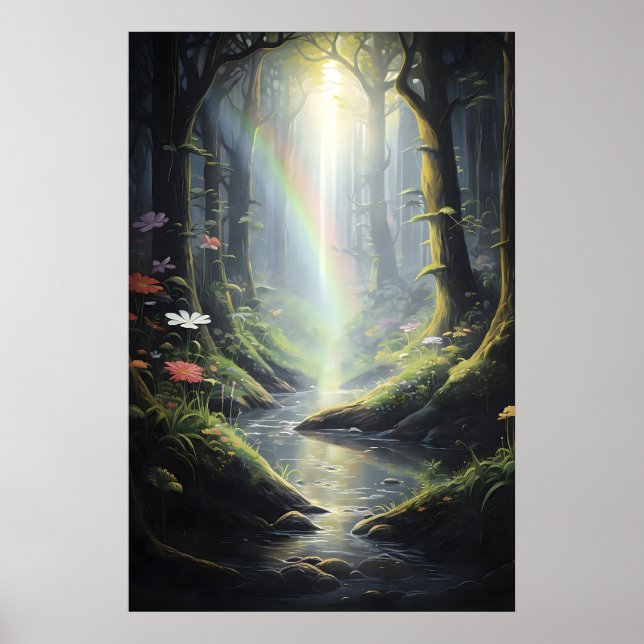 Regnbåge i magisk skog, mörkgrön skog med poster (Framsidan)