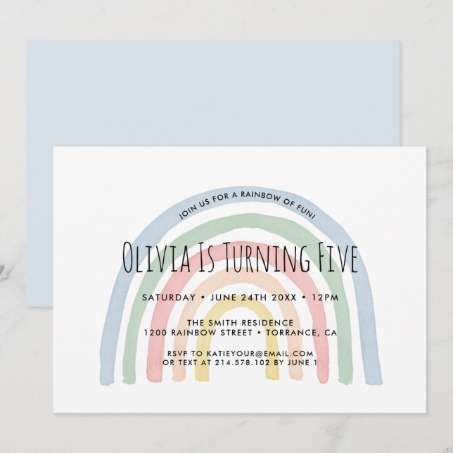 Regnbåge i Roligtens regnbåge 5: e födelsedagsinbj Inbjudningar (Fram/baksida)