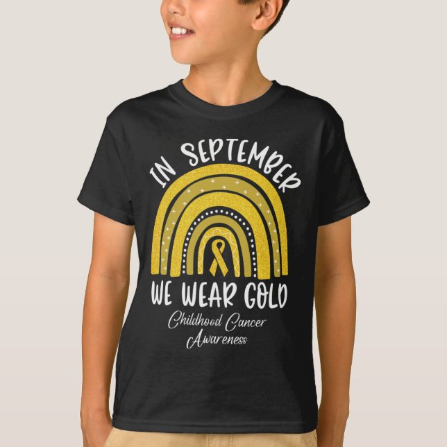 Regnbåge i september vi Bära Guld barncancer T Shirt (Framsida)