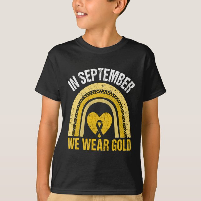 Regnbåge i september vi Bära Guld barncancer T Shirt (Framsida)