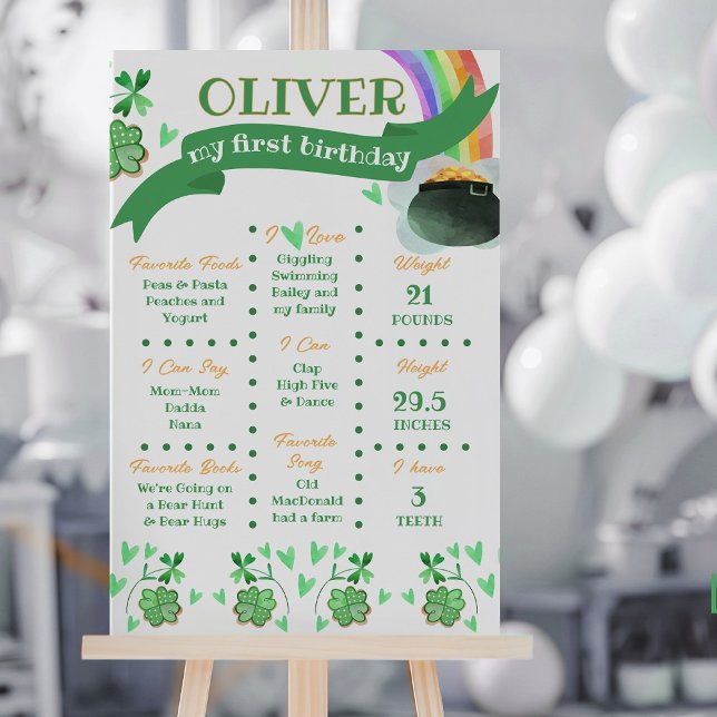 Regnbåge Irländskt tema Första födelsedagsmilstolp Poster (First Birthday Milestone Poster with Lucky Irish St Patrick's theme by Darling & May)