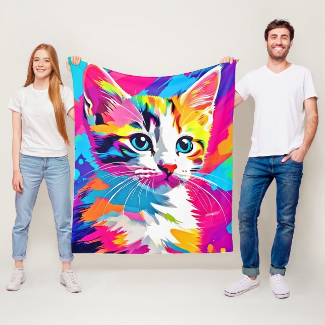 Regnbåge Kat: Vivid Porträtt Fleecefilt (På plats)