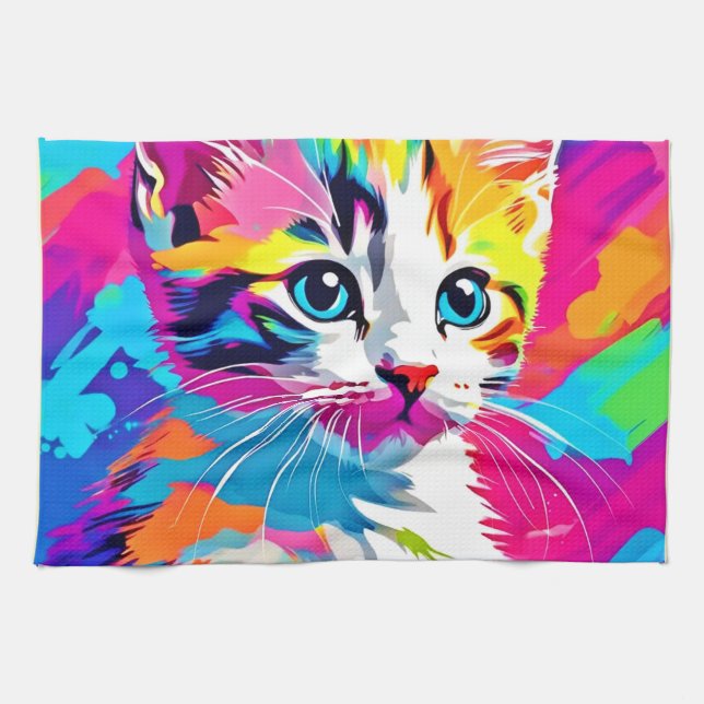 Regnbåge Kat: Vivid Porträtt Kökshandduk (Horisontell)