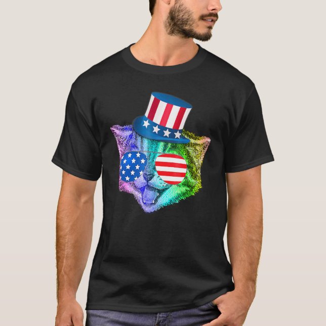 Regnbåge Katt 4:e Juli T- Amerikansk Flagga T Shirt (Framsida)