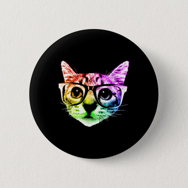 Regnbåge Kattunge med glasögon Knapp (Framsida)