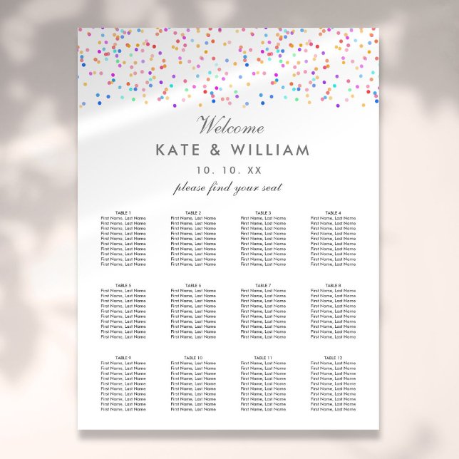 Regnbåge Konfetti Bröllop Placeringsplan Diagram Poster (Rainbow Confetti Wedding Seating Plan Chart)