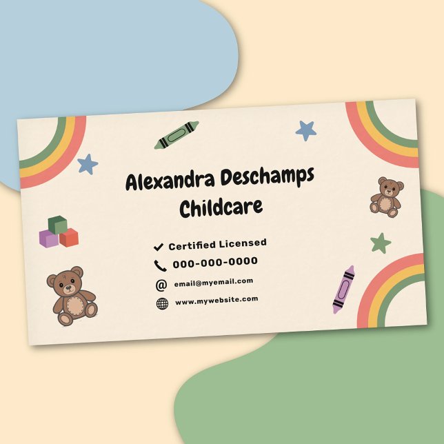 Regnbåge, Krita & Teddybjörn - Barnomsorg Visitkort (Rainbow, Crayon & Teddy Bear - Child Care Business Card)