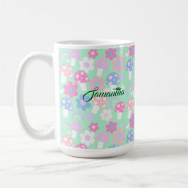 Regnbåge, kuggsvampar och blommor kaffemugg