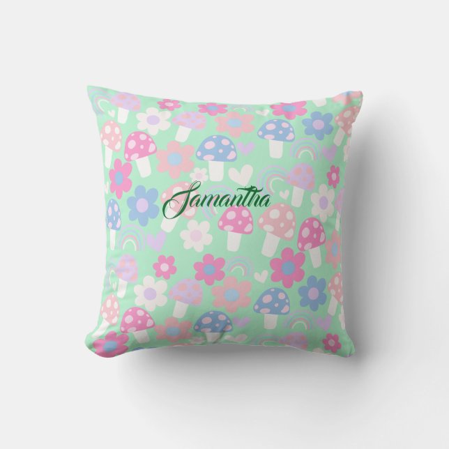 Regnbåge, kuggsvampar och blommor kudde (Framsida)