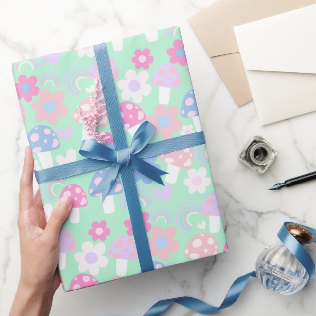 Regnbåge, kuggsvampar och blommor presentpapper (Gifting)