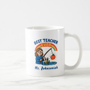 Regnbåge Kvinnlig Fiskande Äpple Bästa Läraren Någ Kaffemugg