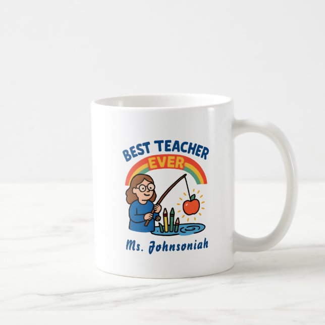 Regnbåge Kvinnlig Fiskande Äpple Bästa Läraren Någ Kaffemugg (Höger)