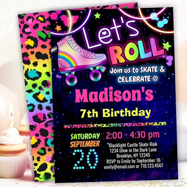 Regnbåge Leopard 90-tals tema rullskridskoåkning Inbjudningar (Skapare uppladdad)
