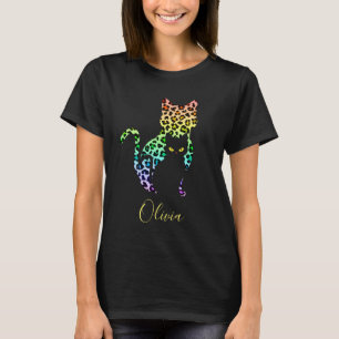 Regnbåge Leopardtryck Katt Siluett & Svart Kisse T Shirt