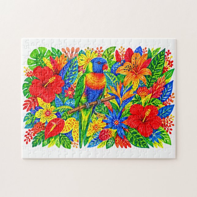 Regnbåge Lorikeet Tropisk Hibiskus Lilja Markör Ko Pussel (Horisontell)