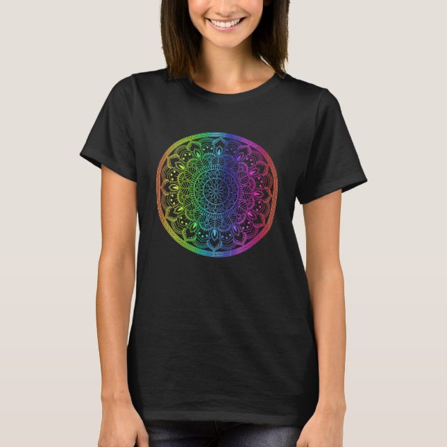 Regnbåge Mandala Rosett Blomma Rund Yoga Känsla Ze T Shirt (Framsida)