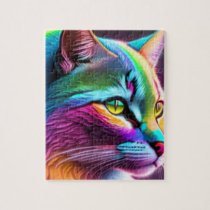 Regnbåge med neon Ljus, färglös katt Pussel