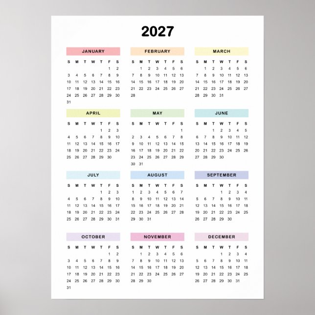 Regnbåge Minimalistisk 2027 Kalendrar Poster (Framsidan)