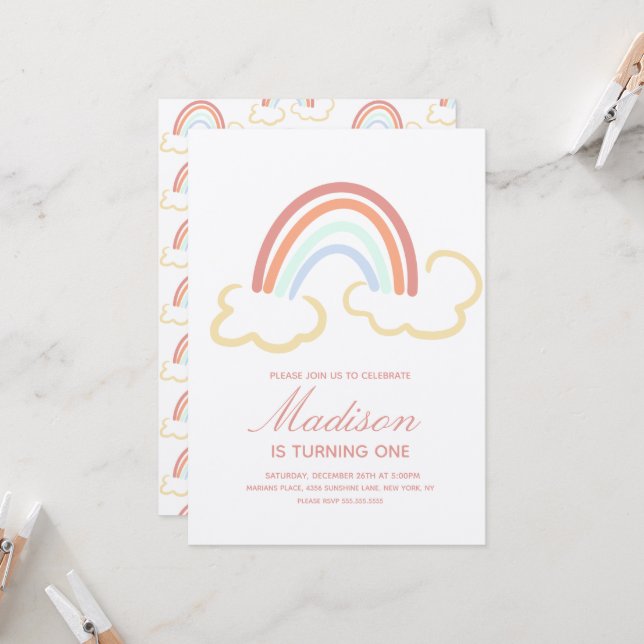 Regnbåge Moln Klotter Färgrik Rustik Inbjudningar (Fram/Back In Situ)