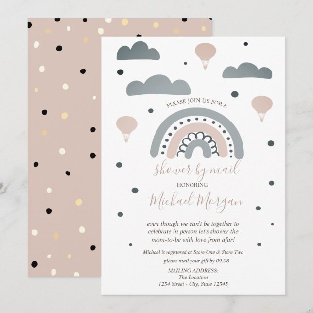 Regnbåge,Moln,Prickar Virtuell baby shower via pos Inbjudningar (Fram/baksida)