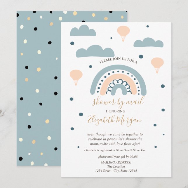 Regnbåge,Moln,PrickarBaby Shower via posten Inbjudningar (Fram/baksida)