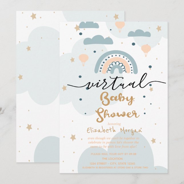 Regnbåge, moln Stars Virtuella babyskal Inbjudningar (Fram/baksida)