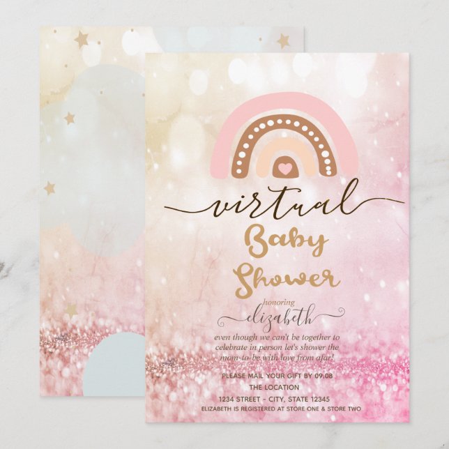 Regnbåge, moln stjärnor Bokeh Virtuell Baby Shower Inbjudningar (Fram/baksida)