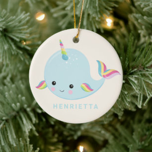 Regnbåge Narwhal Kawaii Mönster Pastel Blue Namn Julgransprydnad Keramik