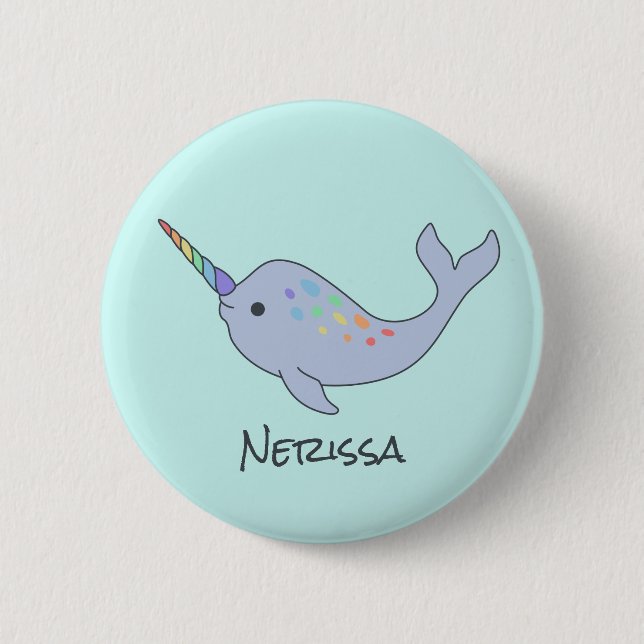 Regnbåge Narwhal Namn Knapp (Framsida)