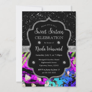 Regnbåge Neon Abstrakt Glitter Sweet 16 Inbjudningar