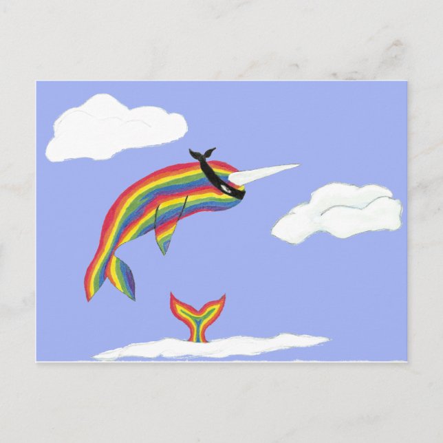 Regnbåge Ninja Narwhal som flyger Vykort (Framsida)