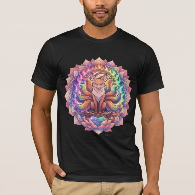 Regnbåge Nio Svansad Räv Kitsune Mandala T-Shirt (Framsida)