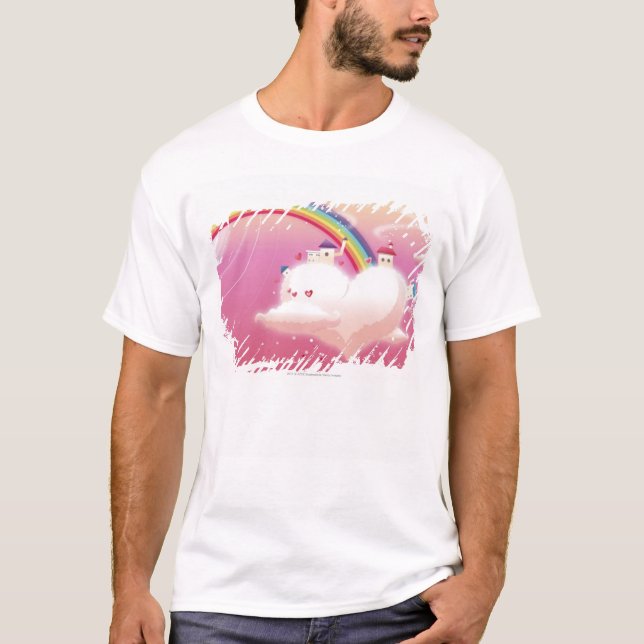Regnbåge och byggnader på moln tee shirt (Framsida)