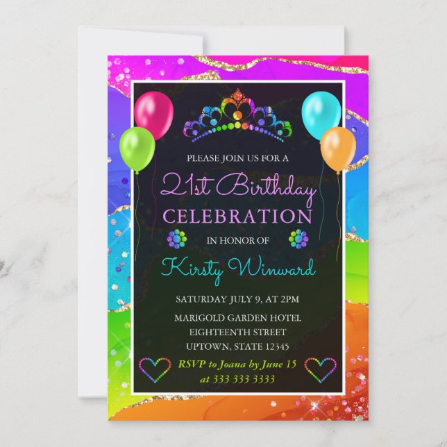 Regnbåge och Guld Glitter Agat 21-årsdag Inbjudningar (Framsida)