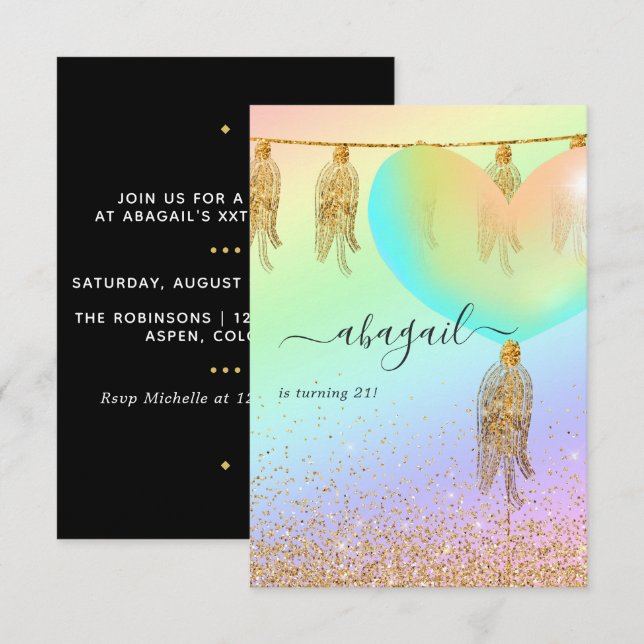 Regnbåge och Guld och Rosa Födelsedagsfest Inbjudningar (Fram/baksida)