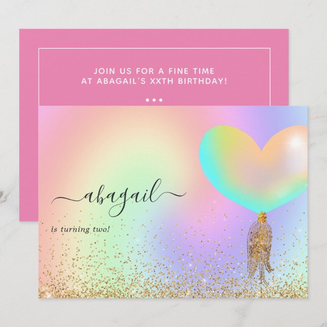 Regnbåge och Guld och Rosa Födelsedagsfest Inbjudningar (Fram/baksida)