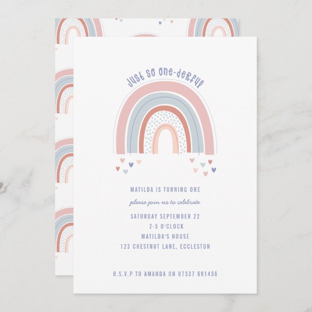Regnbåge och hjärta 1:a födelsedag inbjudan (Fram/baksida)