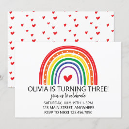 Regnbåge och hjärtan födelsedagsfest inbjudan