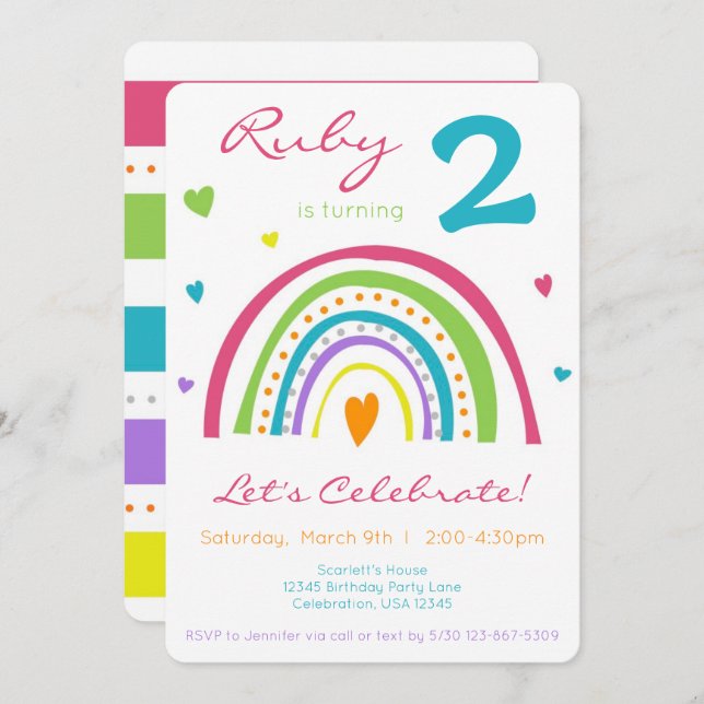 Regnbåge och hjärtfärgade Boho Little Girl Birthda Inbjudningar (Fram/baksida)
