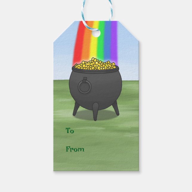 Regnbåge och kruka full med guld presentetikett (Framsidan)