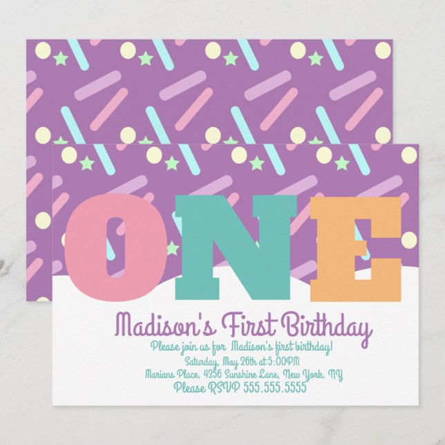 Regnbåge och moln Pastel Sprinkles Turning One Inbjudningar (Fram/baksida)