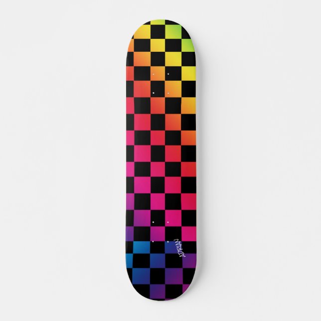 Regnbåge och svarta Checkers & Namn eller text Mini Skateboard Bräda 18,5 Cm (Framsida)