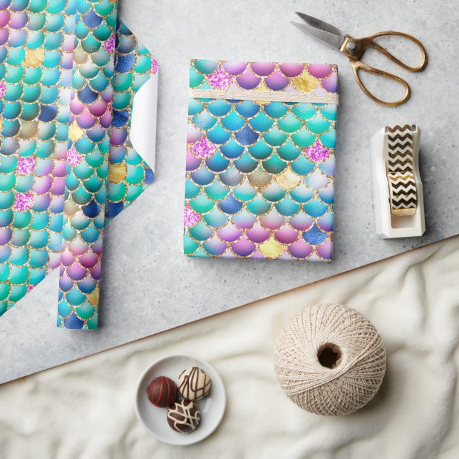 Regnbåge Ombre-folie & guldglitter Fjäll av sjöjun Presentpapper (Hantverk)