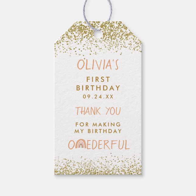 Regnbåge Onederful Flicka 1-års födelsedags tack Presentetikett (Framsidan)