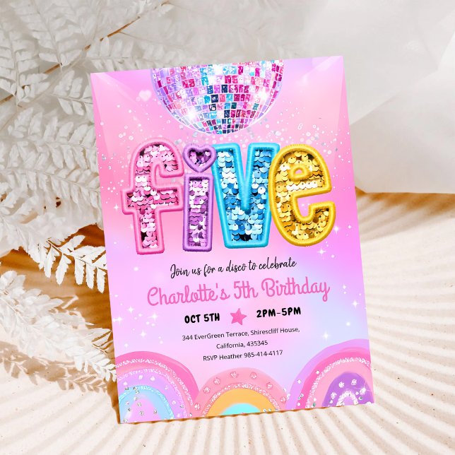 Regnbåge Pailletter Disco 5-årsfest Inbjudningar (Skapare uppladdad)