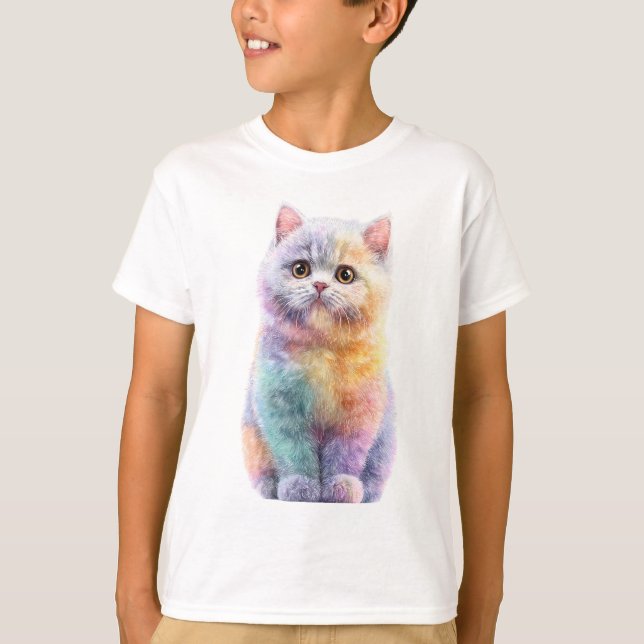 Regnbåge Pastell Akvarell Fluffig Katt Barn T Shirt (Framsida)