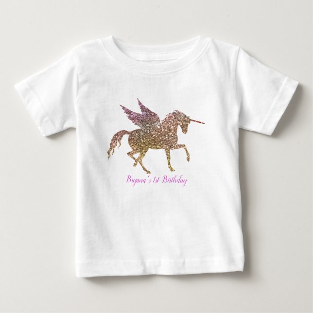 Regnbåge Pastell Guld Glitter Enhörning 1-års Föde T Shirt (Framsida)