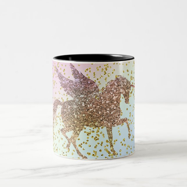 Regnbåge Pastell Guld Glitter Enhörning Trendig Tj Två-Tonad Mugg (Center)