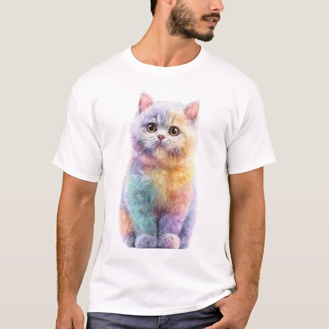 Regnbåge Pastell Watercolor Fluffig Katt Män T Shirt (Framsida)